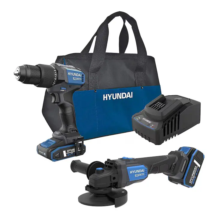 Set Scule Electrice Hyundai S02-FTB Masina de Gaurit si Insurubat Brushless cu Percutie HD20X-60 + Polizor Unghiular Brushless AG20X-115 + Acumulatori + Incarcator + Geanta Transport Negru/Albastru