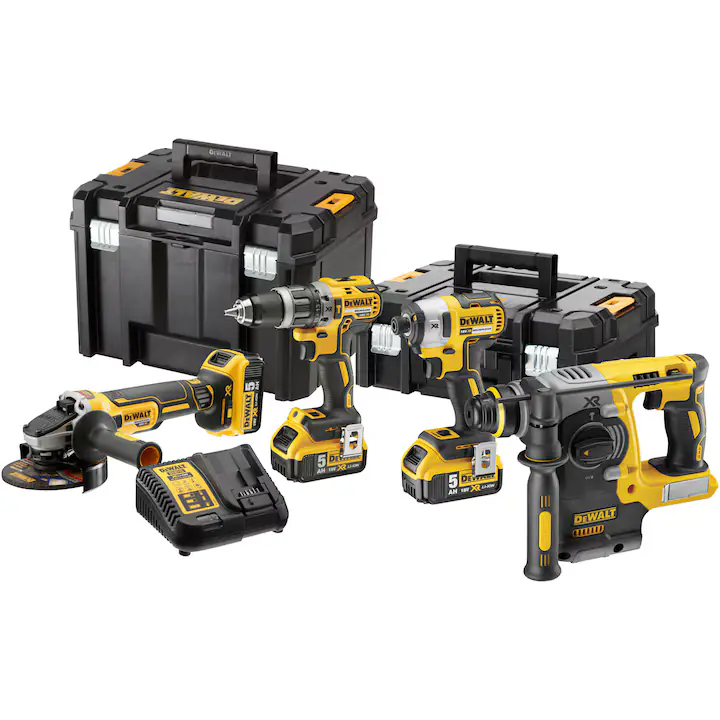 Set de 4 scule profesionale pe acumulator DeWALT DCK422P3T, 18 V, include: masina de gaurit DCD796, masina de insurubat cu impact DCF887, polizor DCG405, ciocan rotopercutor DCH273, 3x acumulator, incarcator rapid, cutii transport TSTAK DS150 + DS300