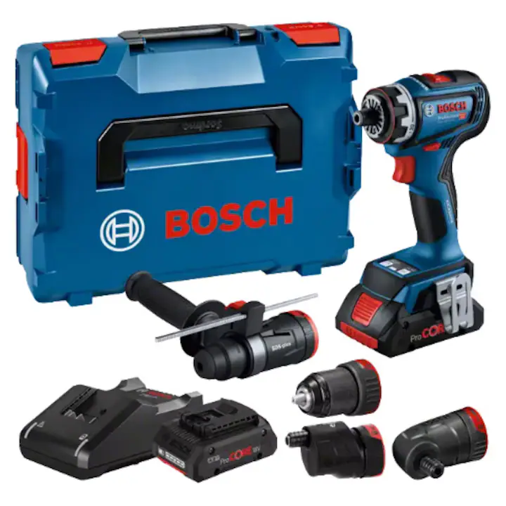 Masina de gaurit/insurubat (bormasina) pe acumulator Bosch Professional GSR 18V-90 FC, 18 V, 2100 RPM, 36.64 Nm, , adaptor mandrina, adaptor ciocan include maner auxiliar, L-Boxx, insertie L-Boxx, limitator adancime, fara acumulator/incarcator