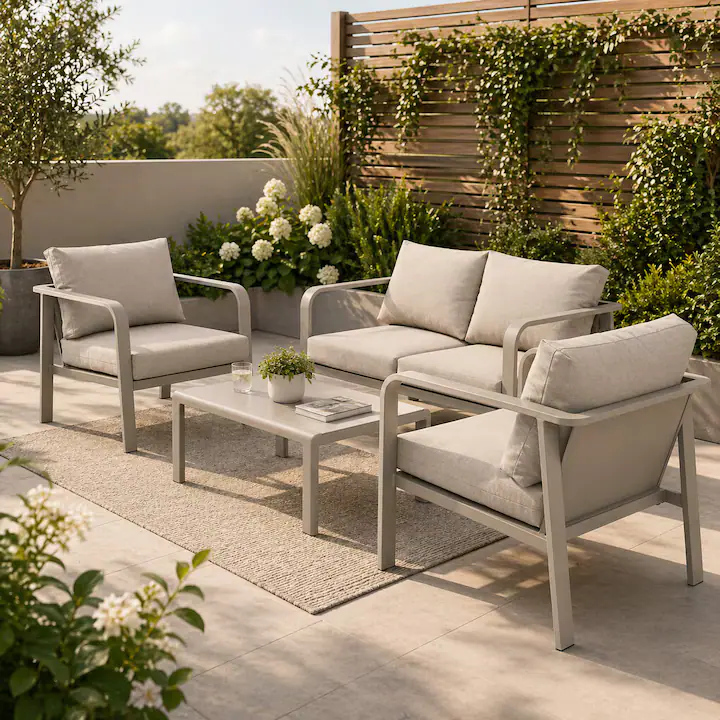 Set mobilier gradina, 4 piese, canapea, 2 fotolii si masa, perne incluse, crem