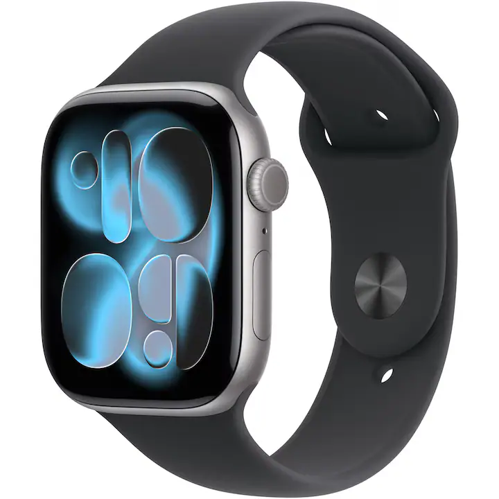 Apple Watch 11 GPS, Carcasa Space Grey Aluminium 42mm, Black Sport Band - S/M