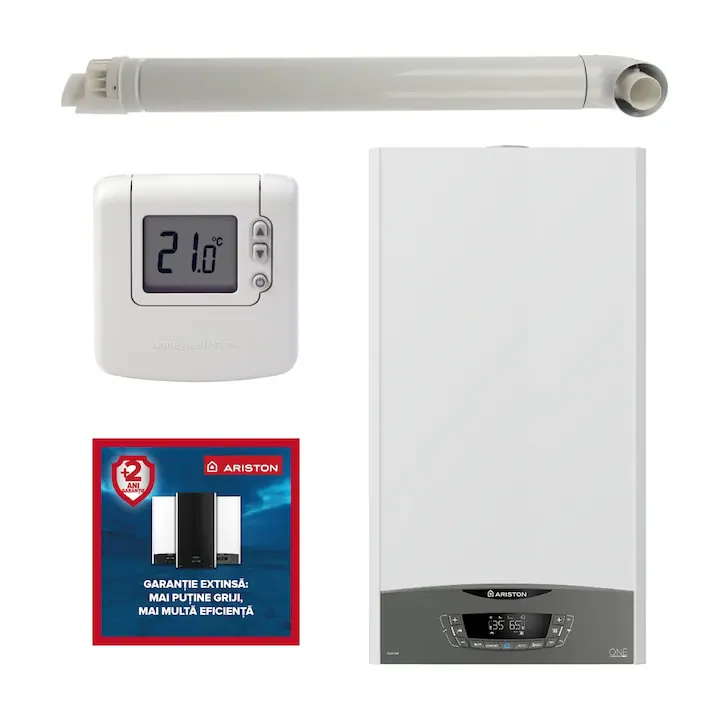 Pachet centrala termica pe gaz in condensare, Ariston Clas One 24 kW, murala, Wi-Fi, kit de evacuare, termostat Honeywell DT92 si cupon garantie extinsa 2 ani (total 5 ani) incluse