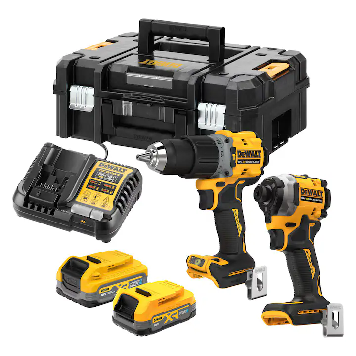 Set 2 scule profesionale pe acumulator DeWALT DCK2050EST, 18V XR, motor fara perii, masina de gaurit cu percutie DCD805, masina de insurubat cu impact DCF850, 1x acumulator Li-Ion 3.5 Ah + 1x acumulator Li-Ion 1.7 Ah POWERSTACK, incarcator, TSTAK