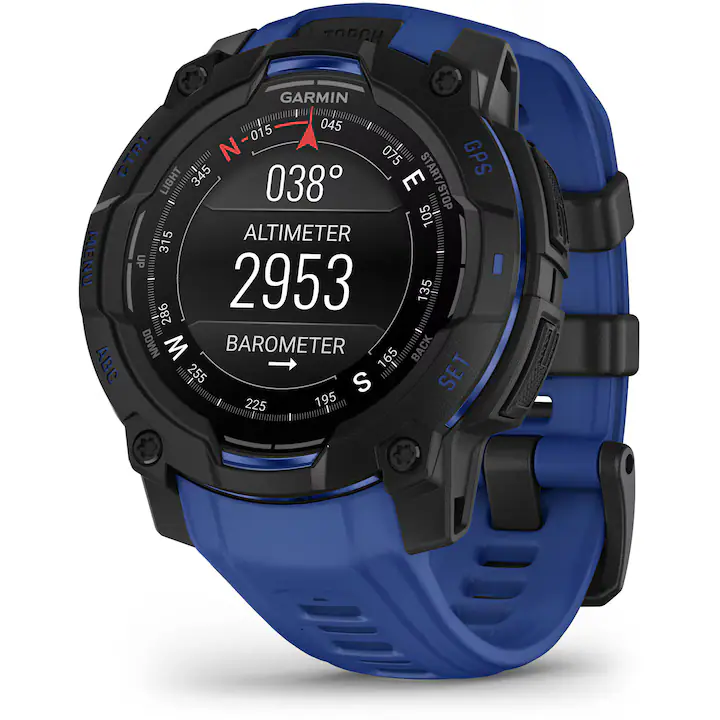 Smartwatch Garmin Instinct 3, 45mm, AMOLED, GPS, Android/iOS, Negru/Albastru, curea silicon Black/ Bolt Blue