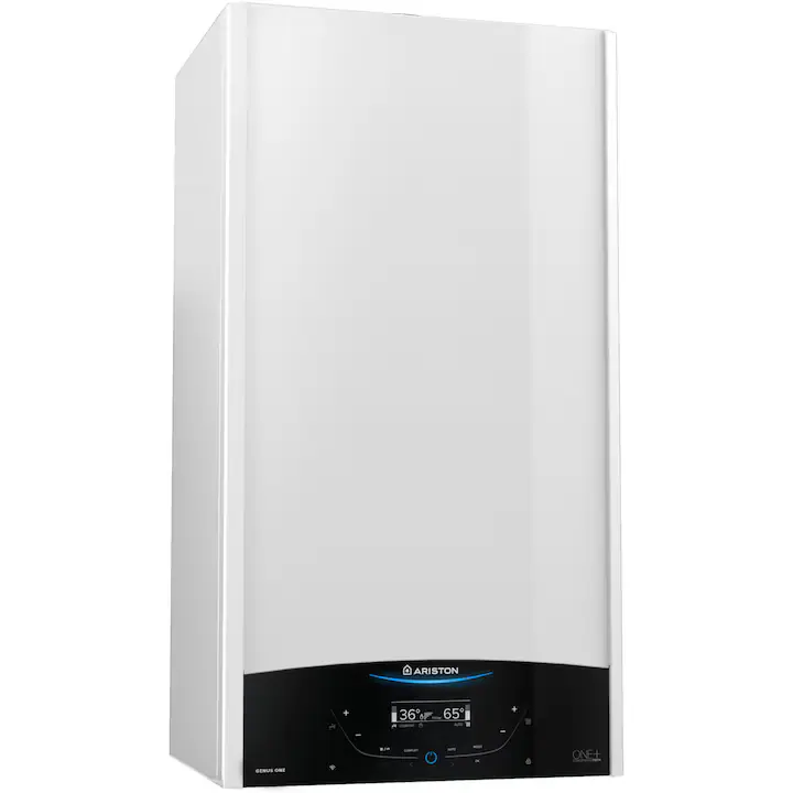 Centrala termica murala in condensare Ariston GENUS ONE+ 35, 35kW, gaz natural + GPL, meniu in limba romana, Ecran LCD tactil, schimbator caldura otel inoxidabil, clasa energetica A, fara kit inclus