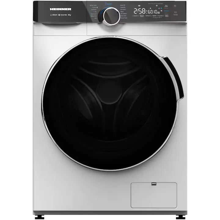 Masina de spalat rufe slim Heinner HWM-M814IVKA+++, 8 kg, 1400 rpm, Clasa A, Motor inverter, Display digital, Blocare acces copii, Program sterilizare, Memorare program preferat, Alb