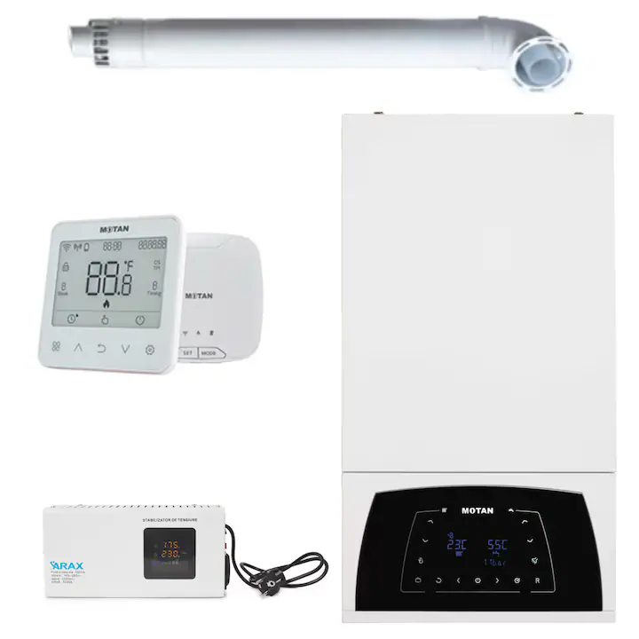 Set centrala termica Motan, Condens, 25kW, Stabilizator 500VA, Termostat Smart TH617-WRTS si 7 ani Garantie