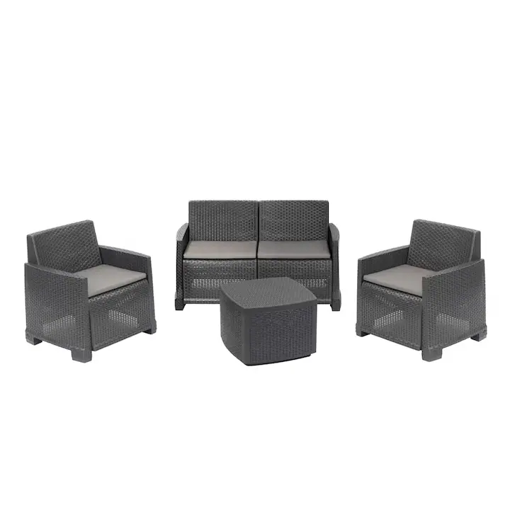 Set mobilier gradina/terasa, Progarden, COMO, 4 piese, polipropilena, antracit, canapea 2 locuri 129x66x74 cm, 2 scaune 72x66x74 cm, masa 53x53x40 cm, cu perne incluse