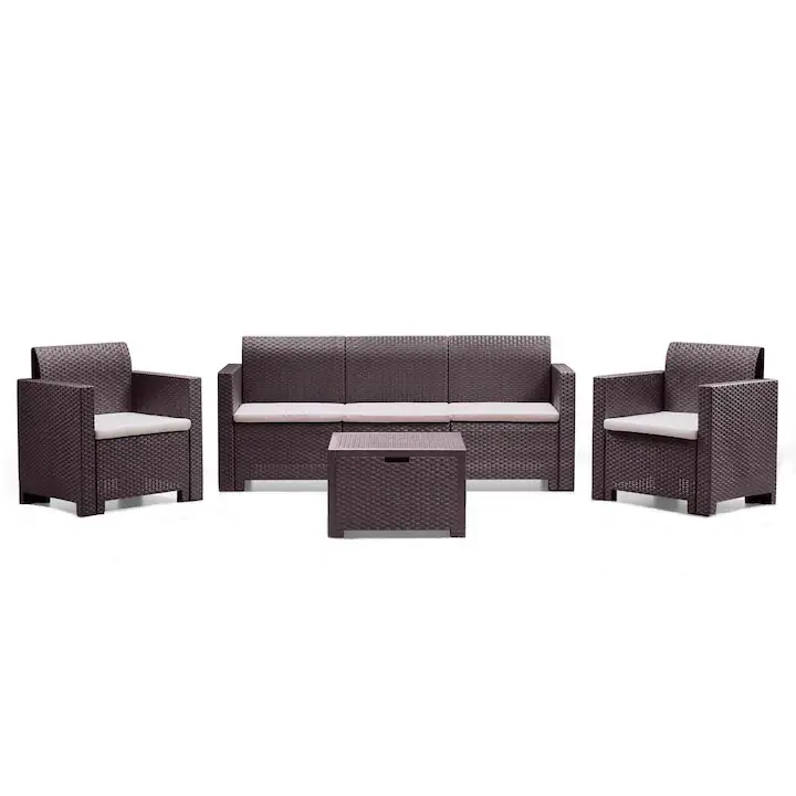 Set mobilier gradina/terasa Nebraska, canapea 3 locuri + 2 fotolii + masuta depozitare, perne incluse, maro