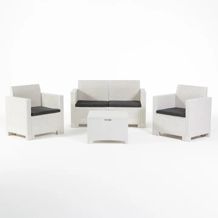 Set gradina/terasa masa 61, 5x61, 5x37 cm, canapea 131x57, 5x79 cm, si 2 scaune 75x57, 5x79 cm, SALINA, Rattatan, Alb, polipropilena, cu perne incluse, 4 locuri