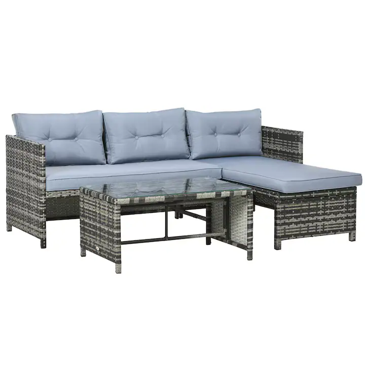 Set mobilier gradina, Outsunny, 3 Piese, Ratan sintetic/Sticla, Gri