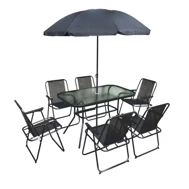 Set terasa / mobilier gradina cu masa fixa, dreptunghiulara, 6 scaune + umbrela, pentru exterior, Topmax, otel + sticla, gri