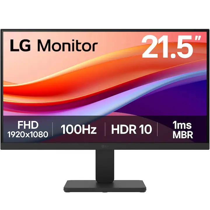 Monitor LED LG 22U401A-B, 21.5", FHD (1920 x 1080), VA, 100Hz, 1ms MBR, 5ms (GtG), HDR 10, VRR, Super Resolution+, Crosshair, Black Stabilizer, Reader Mode, Dynamic Action Sync, Smart Energy Saving, D-Sub, HDMI, VESA 100x100mm, Negru