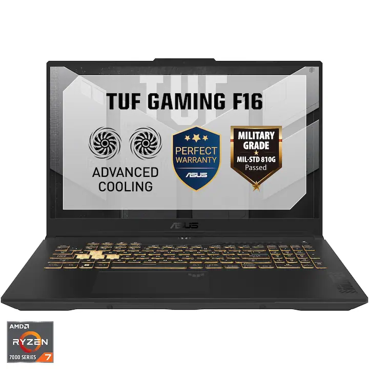 Laptop Gaming ASUS TUF A17 FA707NUG cu procesor AMD Ryzen™ 7 7445HS pana la 4.70 GHz, 17.3", FHD 144Hz, 16GB DDR5, 1TB SSD, GeForce RTX 4050 6GB, No OS, Mecha Gray