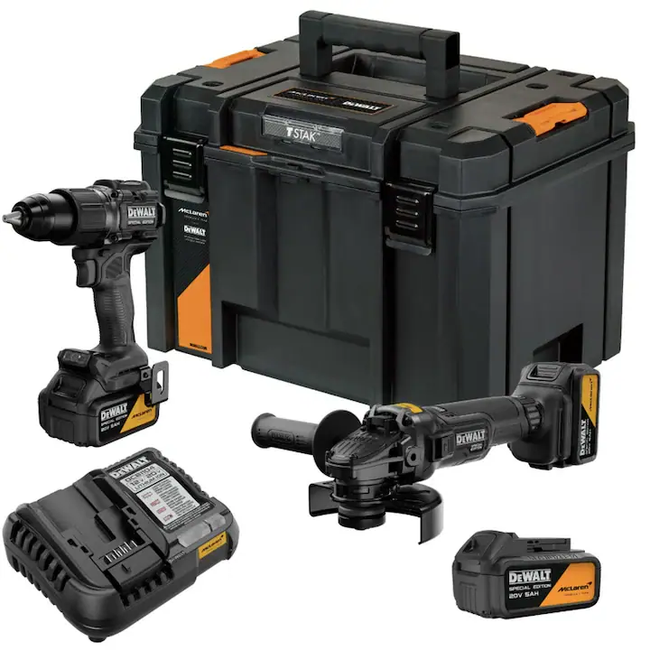 Set scule cu acumulator, DeWalt McLaren, masina de insurubat cu impact + polizor unghiular, cu 2 acumulatori, 18 V, 5 Ah, cu valiza, agatatoare curea, incarcator, suport magnetic pentru biti