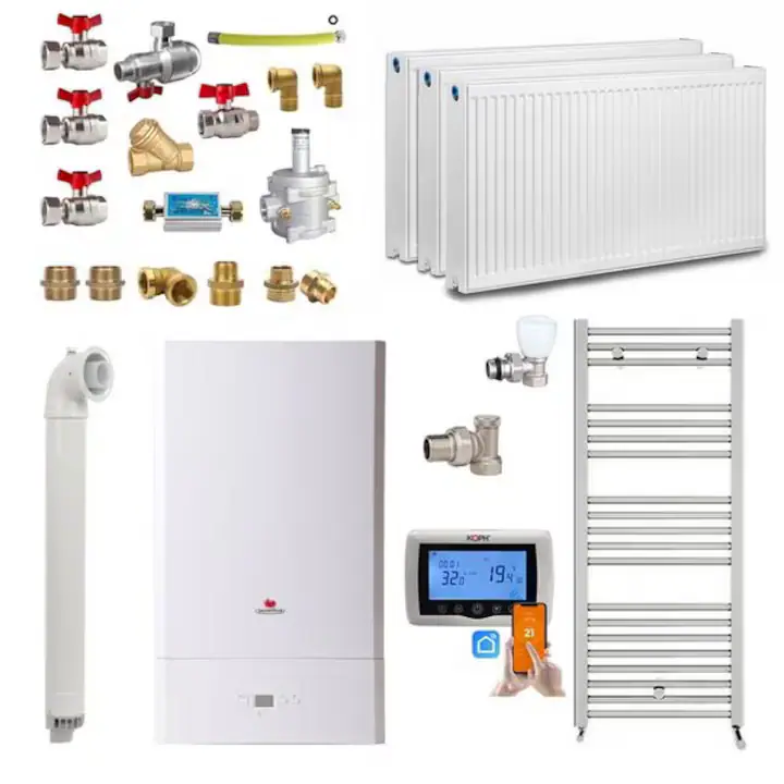 Centrala termica pe gaz in condensare Saunier Duval Semiatek 22.4 kW, Calorifere, Termostat inteligent, Set montaj complet, Pachet apartament 2 camere