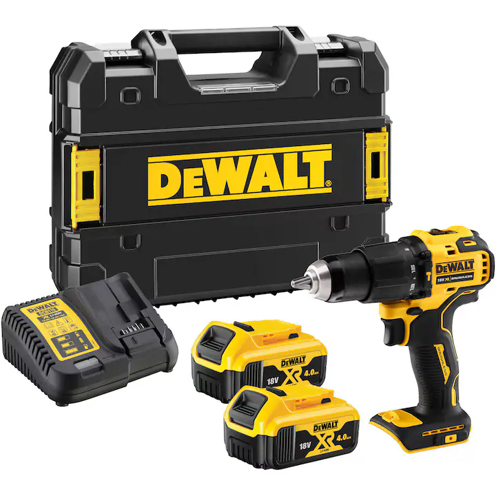 Masina compacta de gaurit si insurubat cu percutie (bormasina) pe acumulator DeWALT DCD709M2T, motor fara perii, 18V XR, 2x acumulator 4 Ah Li-Ion, cuplu 65 Nm, 2 viteze, iluminare LED, incarcator, cutie transport TSTAK