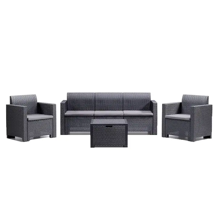 Set mobilier gradina/terasa Nebraska, canapea 3 locuri + 2 fotolii + masuta depozitare, perne incluse, grafit