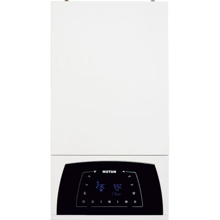 Centrala termica in condensare Motan Condens Plus 100 C38GC29V1, 29 kw, schimbator principal inox, schimbator secundar supradimensionat, raport de modulare 1:10, grup hidraulic din bronz, fara kit de evacuare