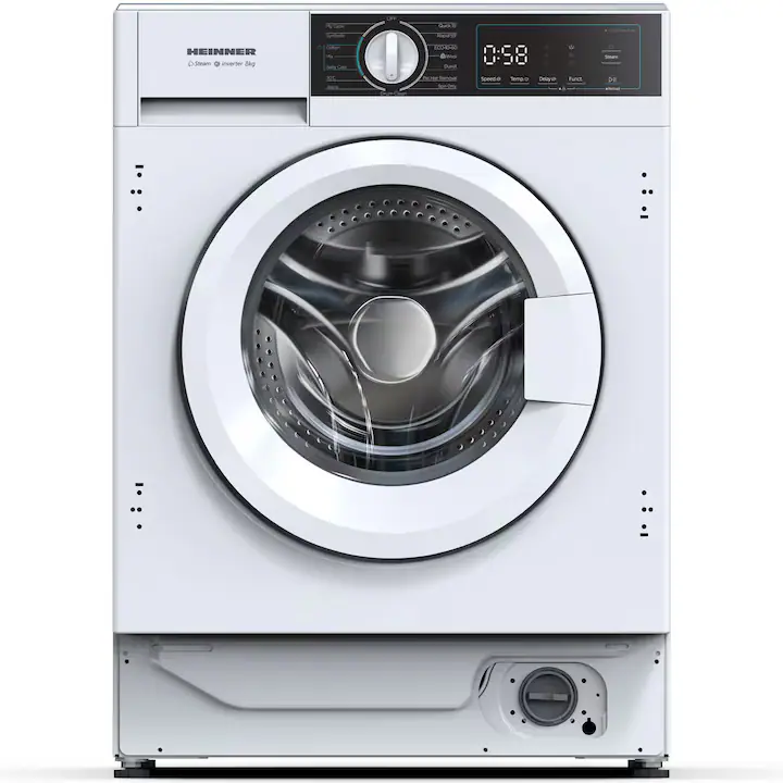 Masina de spalat rufe incorporabila HEINNER HWM-BI814IVA+++, 8 kg, 1400 rpm, Clasa A, Motor inverter, Display digital, Blocare acces copii, Program igenizare cuva, Alb