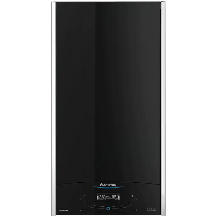 Centrala termica murala in condensare Ariston ALTEAS ONE+ NET 35, 35kW, gaz natural + GPL, Wi-Fi, senzor camera Sensys HD inclus, panou frontal din sticla, ecran tactil, schimbator caldura otel inoxidabil, control vocal, fara kit inclus