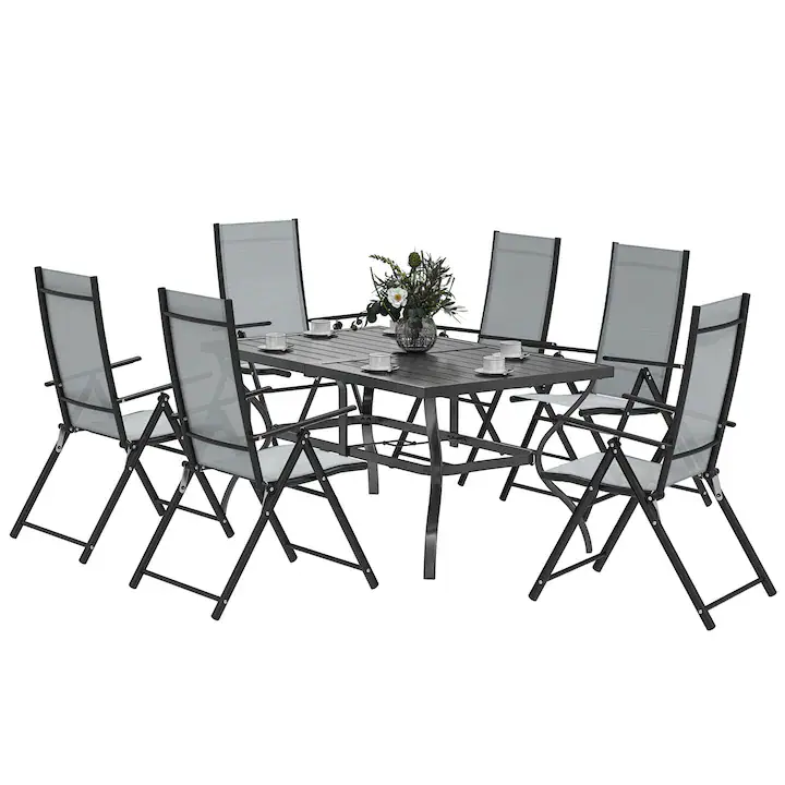 Set mobilier gradina 7 piese, masa rectangulara cu 6 scaune pliabile, cu suport pentru umbrela, gri, 150x90x71cm