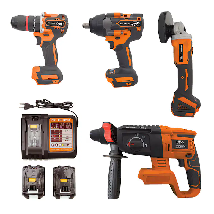 Set 4 scule electrice PNI WK450 brushless, masina de gaurit si insurubat, masina de gaurit si insurubat cu impact, polizor, ciocan rotopercutor, 2 acumulatori 18V 5.0Ah, incarcator inclus