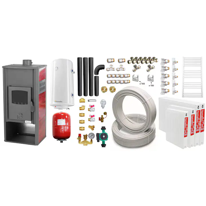 Set incalzire si apa calda pentru 3 camere Termosemineu pe lemne, brichete si carbune Fornello Roma E, Bordeaux, 22 kW, 49x45x103 cm, teava, boiler termoelectric 100l, vas expansiune, pompa circulatie, kit evacuare, calorifere si fitinguri