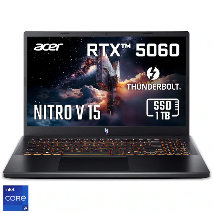 Laptop Gaming Acer Nitro V 15 ANV15-52-953S cu procesor Intel® Core™ i9-13900H pana la 5.4GHZ, 15.6" Full HD, IPS, 165Hz, 32GB DDR4, 1TB SSD, NVIDIA® GeForce RTX™ 5060 8GB GDDR7, No OS, Black