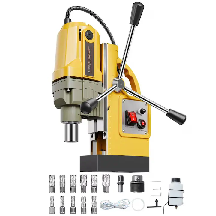 Masina de gaurit cu talpa magnetica, VEVOR, ZT-40HA, 1400W, 12500N, 11 burghie carotate, Galben