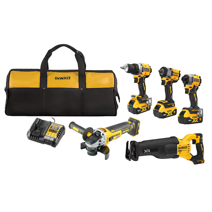 Set de 5 scule profesionale pe acumulator DeWALT DCK509P3, 18V XR, include: masina de gaurit DCD800, masini de insurubat cu impact DCF850 si DCF922, polizor DCG405, fierastrau sabie DCS386, 3x acumulator 5Ah, incarcator rapid, geanta material textil