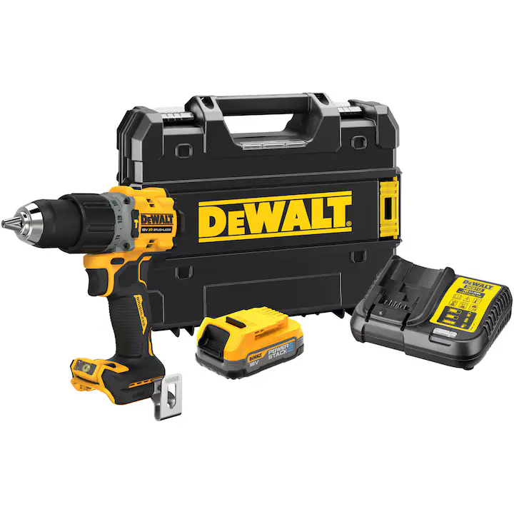 Masina compacta de gaurit si insurubat cu percutie (bormasina) pe acumulator DeWALT DCD805E1T, motor fara perii, 18V XR, 1x acumulator 1.7 Ah Li-Ion POWERSTACK, cuplu 90 Nm, iluminare LED, 2 viteze, incarcator, cutie transport TSTAK