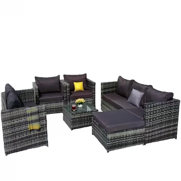 Set mobilier de gradina DeHome® Zafir 1800 Gray, 8 locuri, canapea tripla, canapea dubla, fotolii, masa si otoman, design modern, culoare gri, perne gri