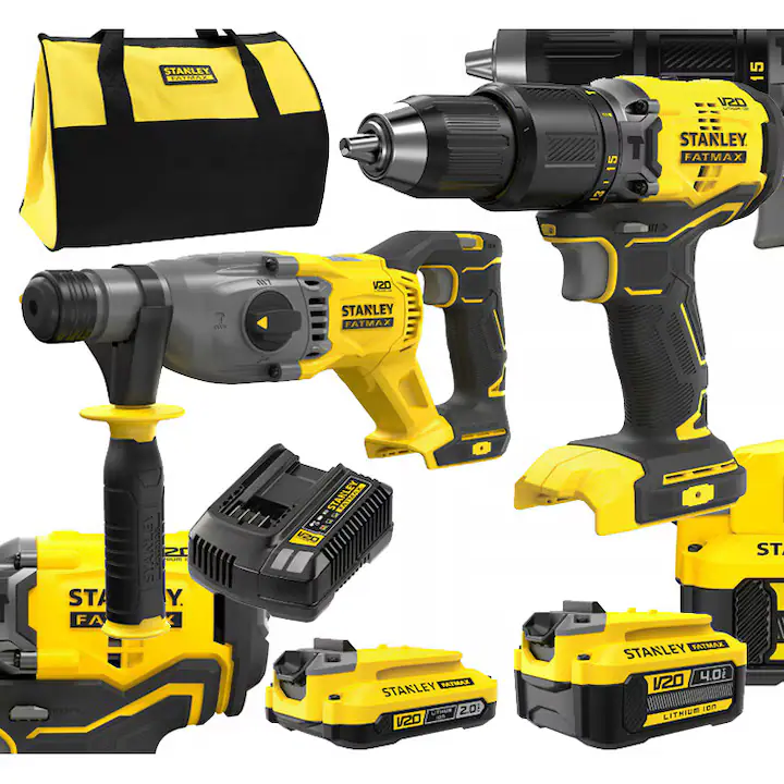 Set scule multifunctionale Stanley Fatmax, Masina de gaurit cu ciocan SDS Plus, 1900rpm, 2 baterii, 60Nm, negru/galben