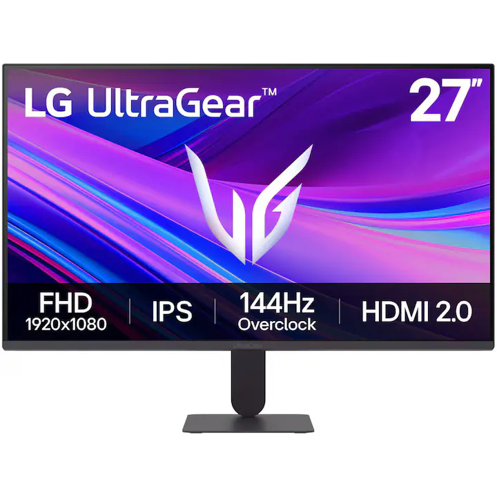 Monitor Gaming LG UltraGear™ G4 27G411A-B, 27'', FHD (1920x1080), IPS, 120Hz/144Hz OC., 5ms (GtG), AMD FreeSync™, NVIDIA G-Sync™ Compatible, HDR 10, VRR, Crosshair, Anti-Flicker, Black Equalizer, HDMI, DP 1.4, Negru