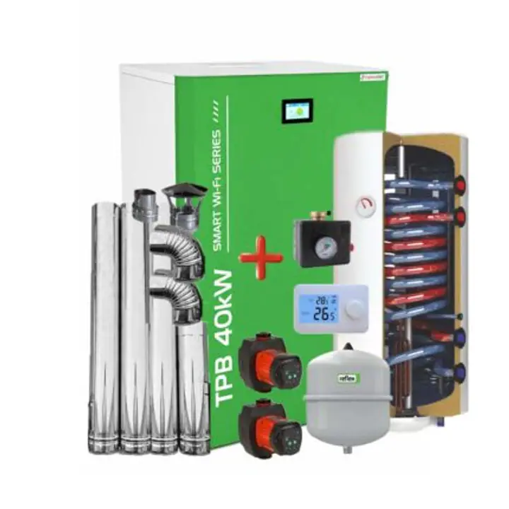Centrala pe peleti compacta Thermfort 10-40kW TPB40- Smart WiFi Modul incorporat-termostat AMB, grup de siguranta, vas expansiune, pompa digitala, kit evacuare, boiler termoelectric cu doua serpentine paralele 120l