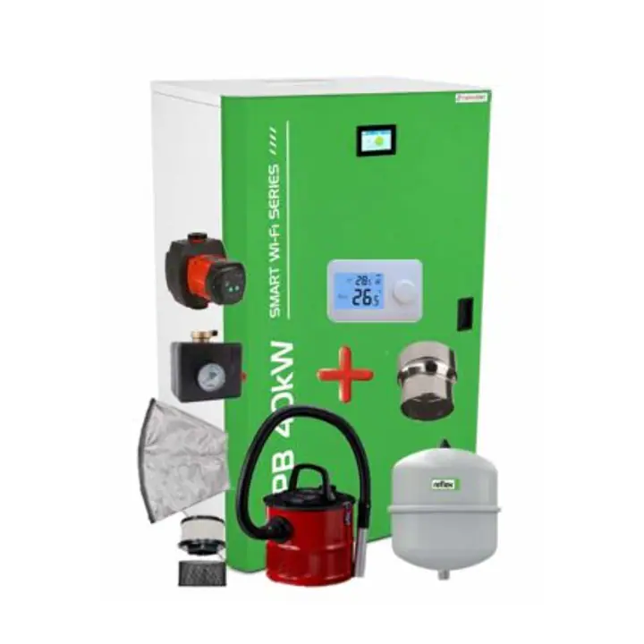 Centrala pe peleti compacta Thermfort 10-40kW TPB40- Smart WiFi Modul incorporat-termostat AMB, grup de siguranta, pompa digitala, vas de expansiune, reductie cos, aspirator cenusa