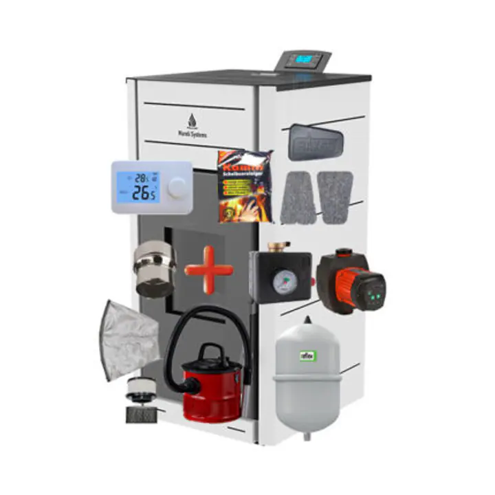 Termosemineu peleti Matera 24kW – include aspirator cenusa cu dubla filtrare, reductie evacuare 120mm, burete curatare sticla, termostat AMB, vas expansiune, grup siguranta, pompa digitala