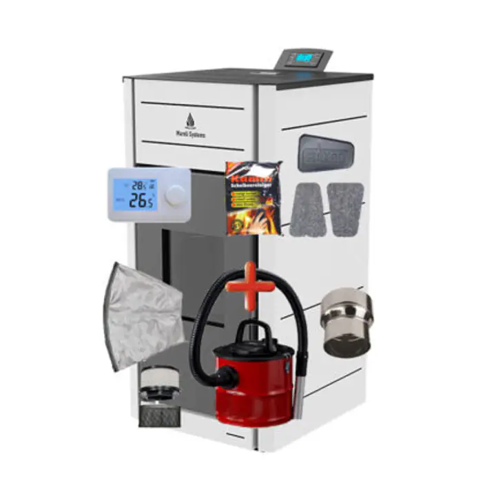 Termosemineu peleti Matera 24kW – include aspirator cenusa cu dubla filtrare, reductie evacuare 120mm, burete curatare sticla, termostat AMB